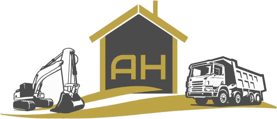 Logótipo da AH: casa com as letras AH entre uma mini giratória e um camião basculante, sobre uma onda dourada